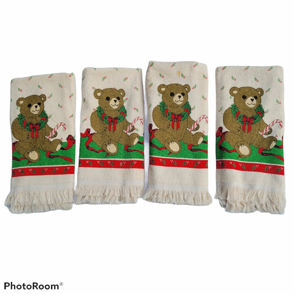 Cannon Dish Towels Vintage Christmas Wreath Bears Candy Canes USA Set 4 Kitchen